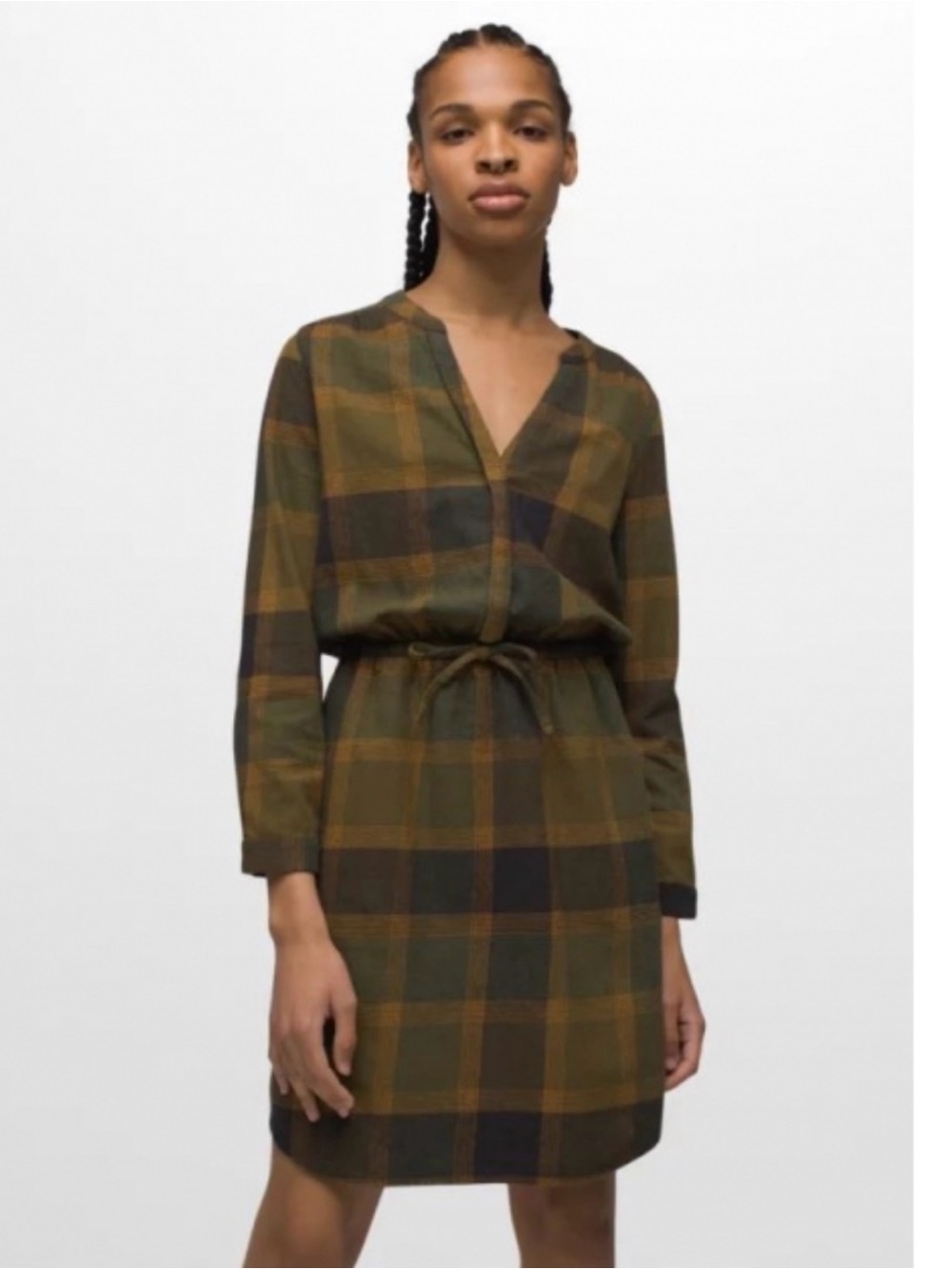 Prana Olive and Brown Plaid Drawstring Waist Dress